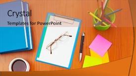  Presentation with notebook - Presentation theme enhanced with notebook pencil - desk top with many items background and a coral colored foreground