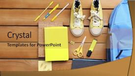  Presentation with backpack - PPT theme featuring notebook pencil - school set with backpack shoes background and a gold colored foreground