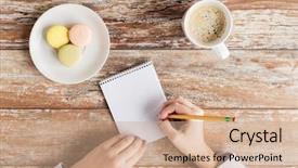  Presentation with business people moving gear - Audience pleasing slides consisting of notebook pencil coffee and cookies backdrop and a coral colored foreground