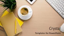  Presentation with cup coffee - Beautiful PPT theme featuring notebook style - cup of coffee with office backdrop and a coral colored foreground