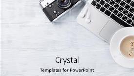  Presentation with wooden desk cup - Cool new PPT theme with notebook style - desk table with laptop coffee backdrop and a sky blue colored foreground