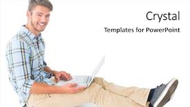  Presentation with young man holdng laptop on lap money - Presentation theme having notebook style - handsome young man sitting using background and a white colored foreground