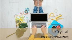  Presentation with home - Colorful slide deck enhanced with notebook style - woman using laptop at home backdrop and a yellow colored foreground