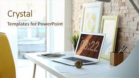  Presentation with workplace - PPT theme with notebook style - workplace with laptop on table background and a cream colored foreground