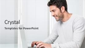  Presentation with working - PPT theme featuring happy smiling young man working background and a white colored foreground