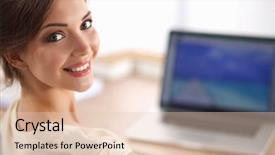  Presentation with young business woman smile show - Audience pleasing slides consisting of valley national park of sichuan backdrop and a tawny brown colored foreground.