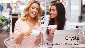  Presentation with pen laptop coffee cup clips - Slide set featuring coffee notebook - two beautiful girls cups background and a coral colored foreground