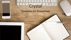  Presentation with tablets wood table tablet white - Slide set having notebook wit tablet on wooden background and a coral colored foreground