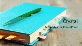  Presentation with wooden board empty table top - Beautiful slide set featuring notebook with bookmarks on wooden backdrop and a cyan colored foreground