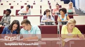  Presentation with international education - Cool new PPT theme with notebooks writing at lecture hall backdrop and a  colored foreground