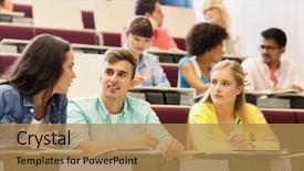  Presentation with international education - Beautiful presentation theme featuring notebooks writing in lecture backdrop and a  colored foreground