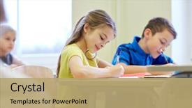  Presentation with elementary school - Slide deck consisting of notebooks writing test in classroom background and a coral colored foreground