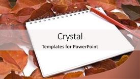  Presentation with notepad - PPT theme consisting of notepad and red pencil on autumn leafs background and a sky blue colored foreground