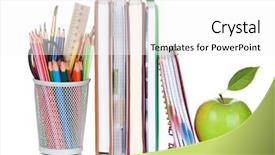  Presentation with school apple - Audience pleasing PPT layouts consisting of notepads colorful pencils and apple backdrop and a white colored foreground