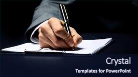  Presentation with pen - Cool new PPT layouts with writing notes - businessman's hand with pen backdrop and a navy blue colored foreground