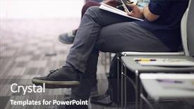  Presentation with young business people - Cool new slide set with notes on education training conference backdrop and a wine colored foreground