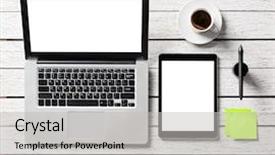  Presentation with wood simple - Slide deck with notes on wood table simple background and a light gray colored foreground