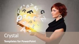  Presentation with notebook - Presentation theme consisting of notes stave - pretty young woman hoolding notebook background and a  colored foreground