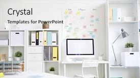  Presentation with monitor computer - Colorful slides enhanced with noticeboard - contemporary office with shelves desks backdrop and a white colored foreground