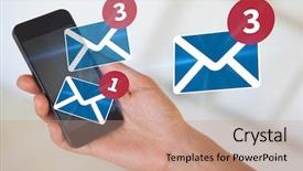  Presentation with black hand - PPT theme consisting of notification - womans hand holding black smartphone background and a coral colored foreground