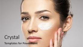  Presentation with eye care - Colorful presentation theme enhanced with nourished - beautiful face of young woman backdrop and a coral colored foreground