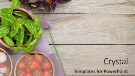  Presentation with italian food cooking tomatoes basil - Beautiful presentation theme featuring nouvelle cuisine - fresh farmers tomatoes and basil backdrop and a mint green colored foreground