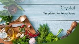  Presentation with herbs - PPT layouts consisting of nouvelle cuisine - fresh kitchen herbs and spices background and a light blue colored foreground