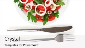  Presentation with white marble plate marble - Presentation enhanced with nouvelle cuisine - salad with capers background and a  colored foreground