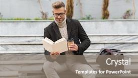  Presentation with reading - Cool new presentation design with novel - handsome man wearing jacket reading backdrop and a gray colored foreground