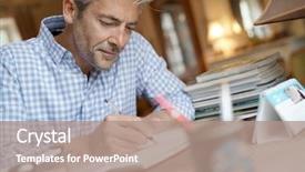  Presentation with notebook - Presentation theme consisting of novel - mature man sitting at desk background and a coral colored foreground
