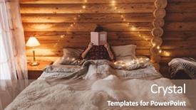  Presentation with log cabin winter - Audience pleasing PPT theme consisting of novel - woman relaxing and reading book backdrop and a coral colored foreground