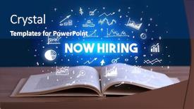  Presentation with business book - Beautiful slide deck featuring now-hiring-inscription-coming-out backdrop and a ocean colored foreground