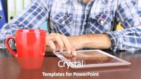  Presentation with teachers working around a table - Beautiful presentation theme featuring nowadays - man sitting on wooden table backdrop and a  colored foreground