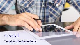  Presentation with teachers working around a table - Presentation enhanced with nowadays - man sitting on wooden table background and a sky blue colored foreground