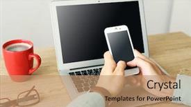  Presentation with phone - Beautiful slide set featuring nowadays - man using mobile phone backdrop and a  colored foreground