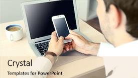  Presentation with phone - Audience pleasing PPT theme consisting of nowadays - man using mobile phone backdrop and a  colored foreground