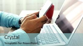  Presentation with phone - Slide set consisting of nowadays - man using mobile phone background and a light blue colored foreground