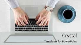  Presentation with laptop - Cool new PPT theme with nowadays - man working with laptop top backdrop and a light gray colored foreground