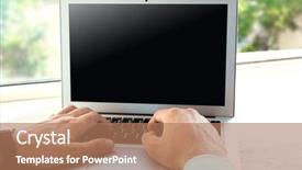  Presentation with laptop - Colorful theme enhanced with nowadays - man working with laptop backdrop and a coral colored foreground