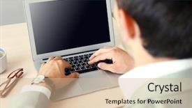  Presentation with office ergonomics man worker exercising - Presentation design enhanced with nowadays - man working with laptop background and a  colored foreground