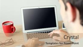  Presentation with laptop - Presentation design enhanced with nowadays - man working with laptop background and a  colored foreground