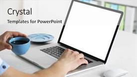  Presentation with laptop - Slides enhanced with nowadays - man working with laptop background and a  colored foreground