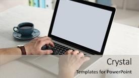  Presentation with laptop - Colorful slide deck enhanced with nowadays - man working with laptop backdrop and a  colored foreground