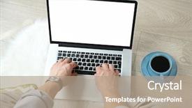  Presentation with working - Slide deck enhanced with nowadays - man working with laptop background and a  colored foreground