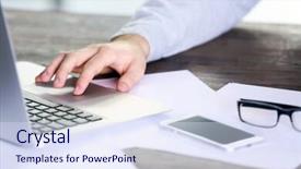  Presentation with laptop - Presentation theme enhanced with nowadays - man working with laptop background and a  colored foreground