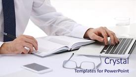  Presentation with office ergonomics man worker exercising - Amazing presentation having nowadays - man working with laptop backdrop and a  colored foreground