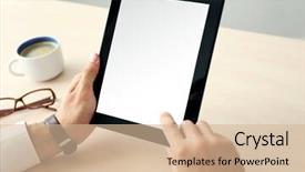  Presentation with tablet - Presentation design having nowadays - man working with tablet background and a  colored foreground