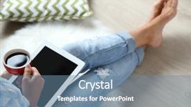  Presentation with teachers working around a table - Presentation design featuring nowadays - woman working with digital tablet background and a  colored foreground