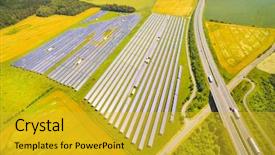  Presentation with plant nuclear - Theme with nuclear - aerial view to solar power background and a gold colored foreground