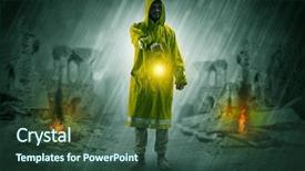  Presentation with catastrophe - Colorful presentation design enhanced with nuclear - destroyed place after a catastrophe backdrop and a ocean colored foreground